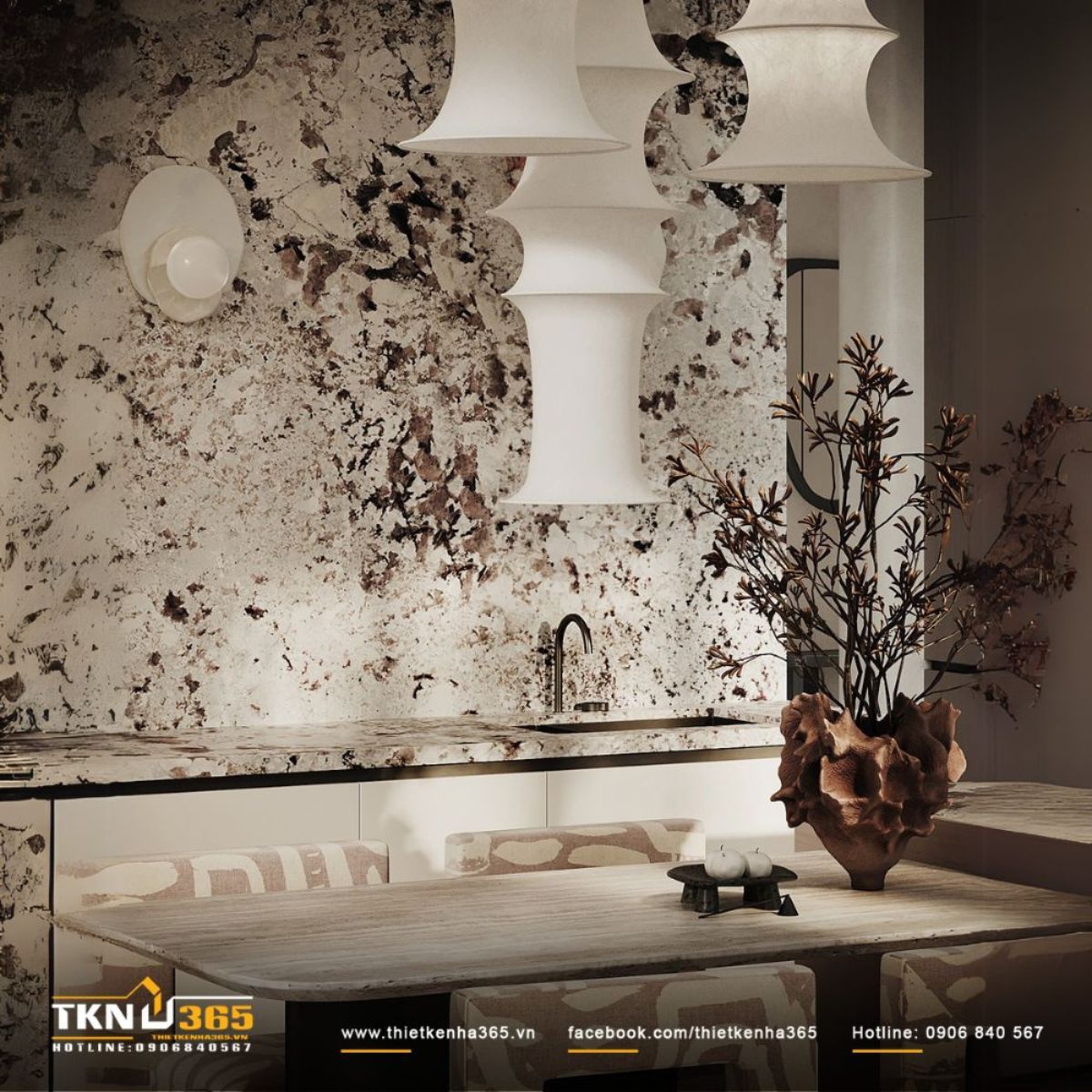 Sự kết hợp ăn ý, nhịp nhàng giữa chất liệu, màu sắc, ánh sáng giúp bức tranh không gian vừa sang trọng, hiện đại, vừa ấm áp, thân thuộc