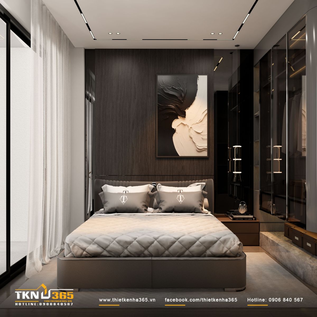 Phòng ngủ mang sắc trầm hiện đại, điểm nhấn từ mảng tường gỗ và hệ tủ kính sang trọng