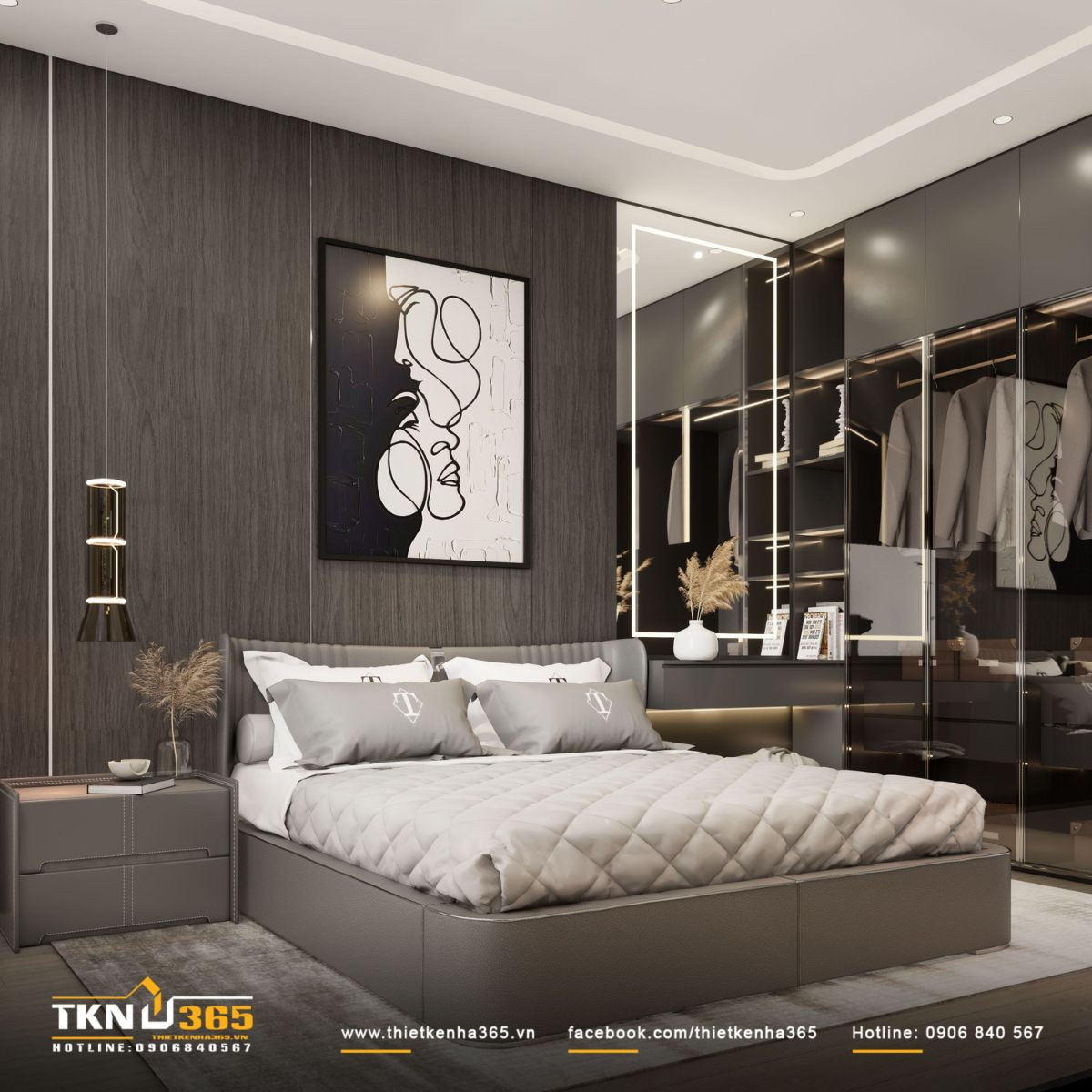 Hệ tủ âm tường với đèn LED viền, vừa tăng công năng lưu trữ vừa tôn lên vẻ hiện đại cho không gian nghỉ ngơi