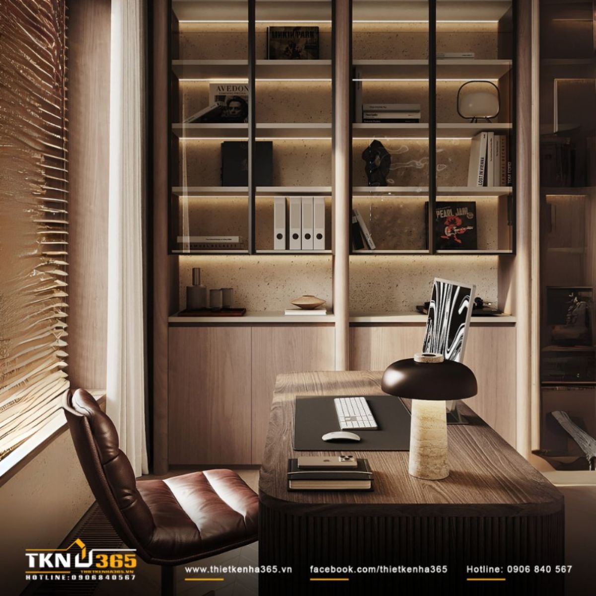 Góc làm việc hiện đại với hệ tủ âm tường, không gian kết hợp hài hòa giữa ánh sáng tự nhiên và nhân tạo