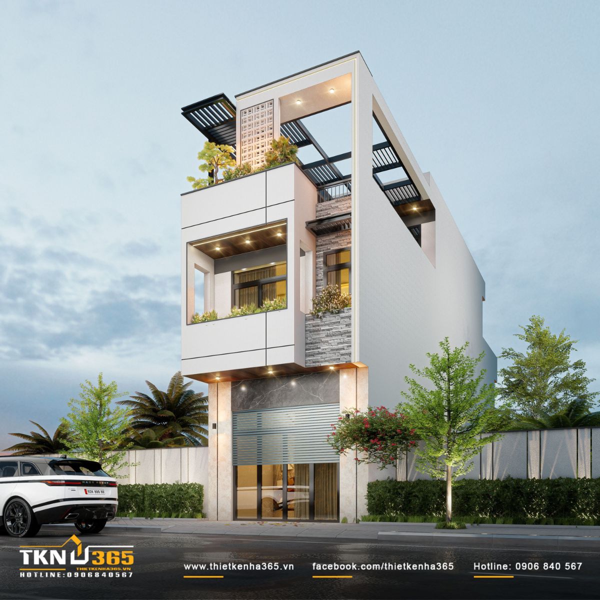 Ngôi nhà gây ấn tượng ngay từ mặt tiền với thiết kế hình khối vuông vắn, đan xen cùng những khoảng xanh mát mẻ