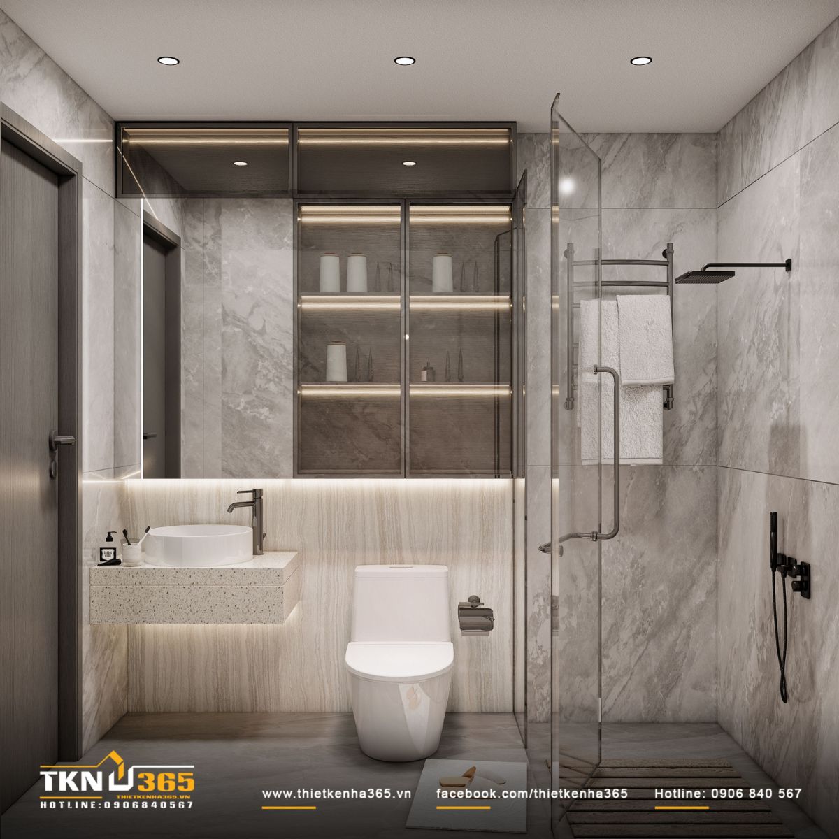 Phòng tắm sử dụng tông xám - be trung tính, kết hợp vân đá tự nhiên mang lại cảm giác thư giãn và sang trọng