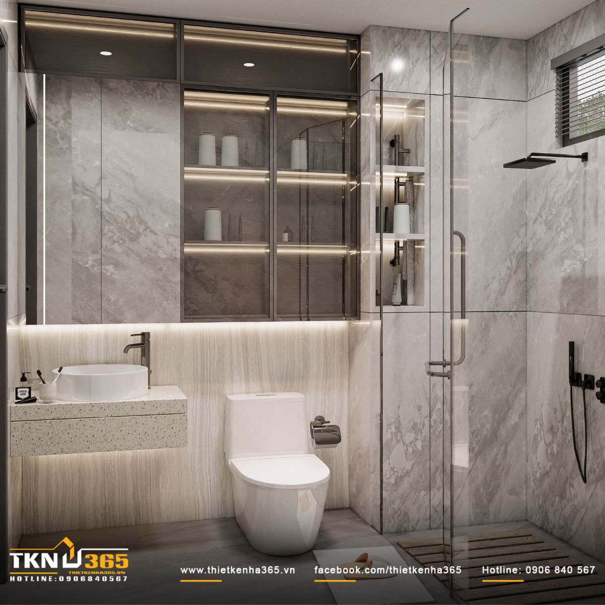 Lavabo đặt nổi trên mặt đá terrazzo, ánh sáng hắt nhẹ giúp không gian thêm chiều sâu và ấm áp