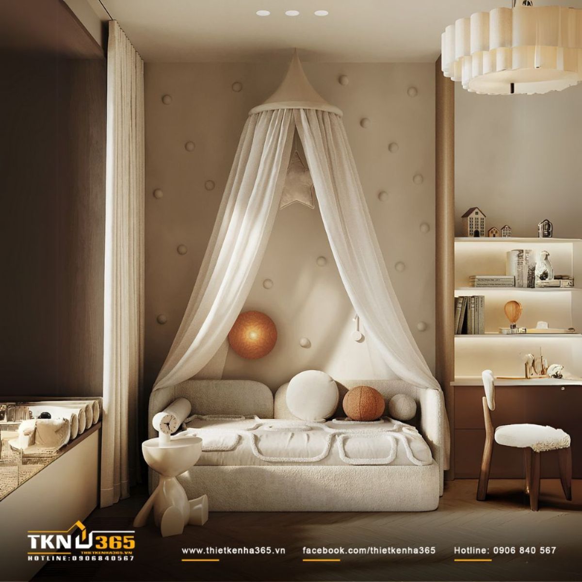 Phòng ngủ trẻ em ấm áp, nổi bật với màn buông mềm mại và ánh sáng vàng nhẹ