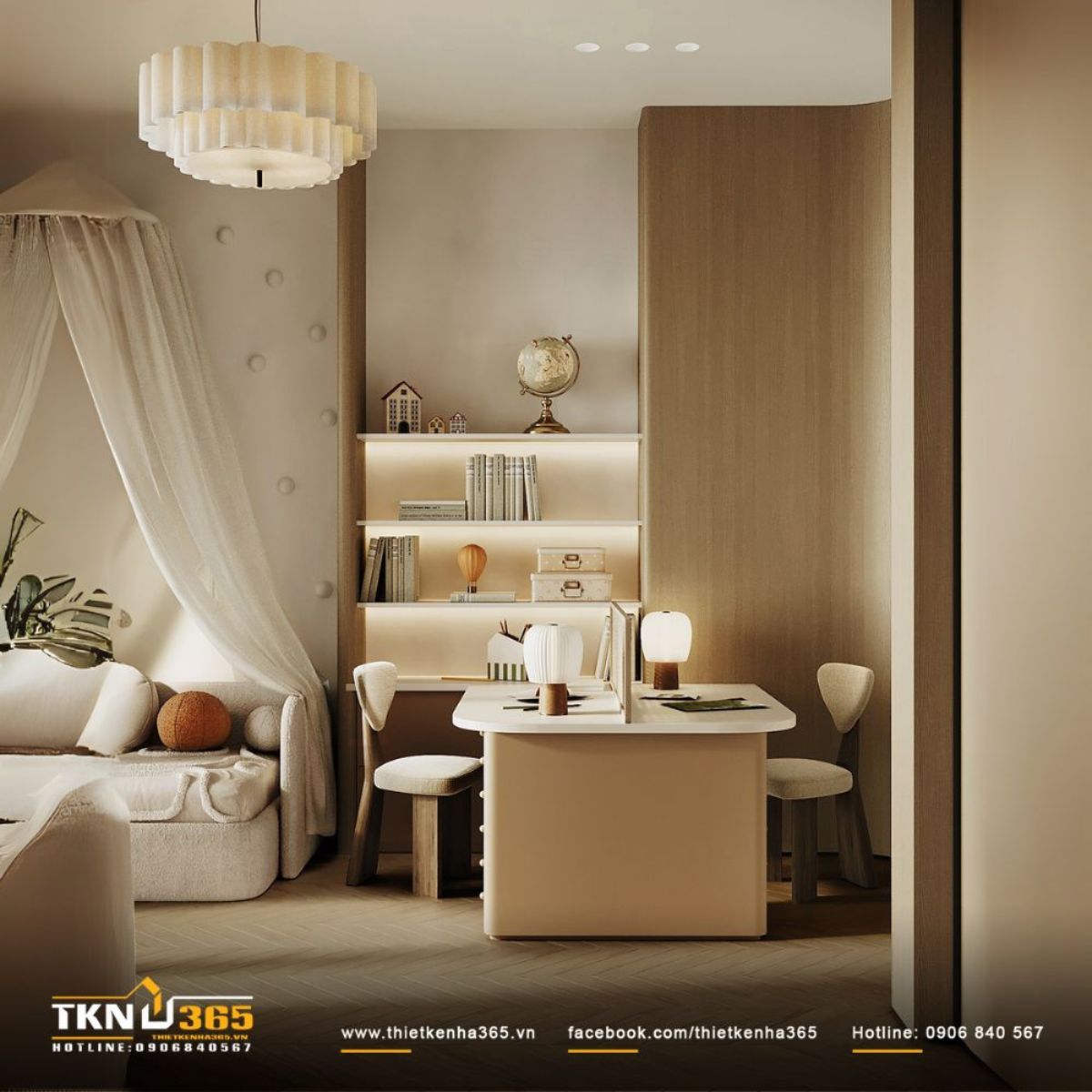 Góc học tập nhỏ gọn, bố trí hợp lý giúp trẻ thoải mái sáng tạo và học tập