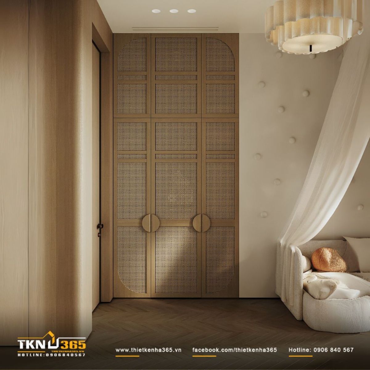 Tủ quần áo cánh mây kết hợp chất liệu gỗ tạo điểm nhấn mộc mạc, gần gũi cho không gian nghỉ ngơi