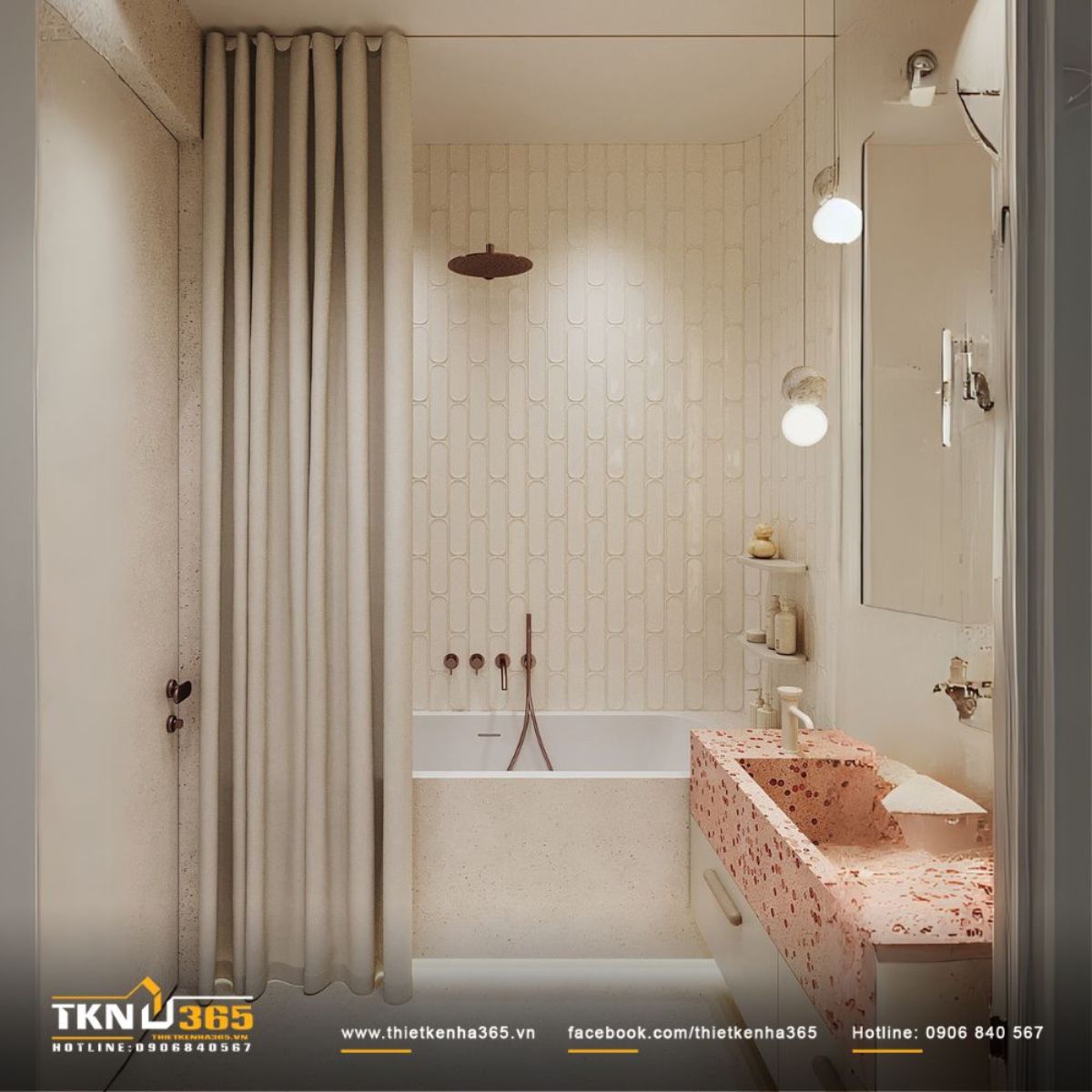 Phòng tắm nhỏ gọn với lavabo terrazzo màu hồng nhẹ nhàng và bồn tắm trắng tạo điểm nhấn tinh tế