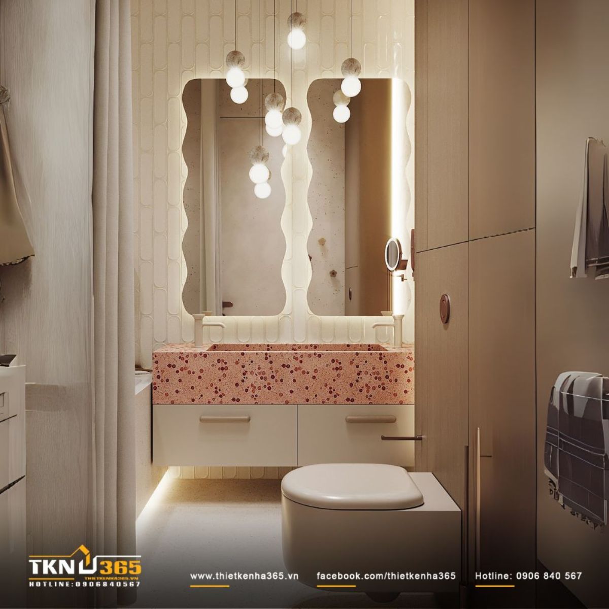 Gương bo cong và cụm đèn tròn tạo hiệu ứng phản chiếu mềm mại đầy cảm xúc