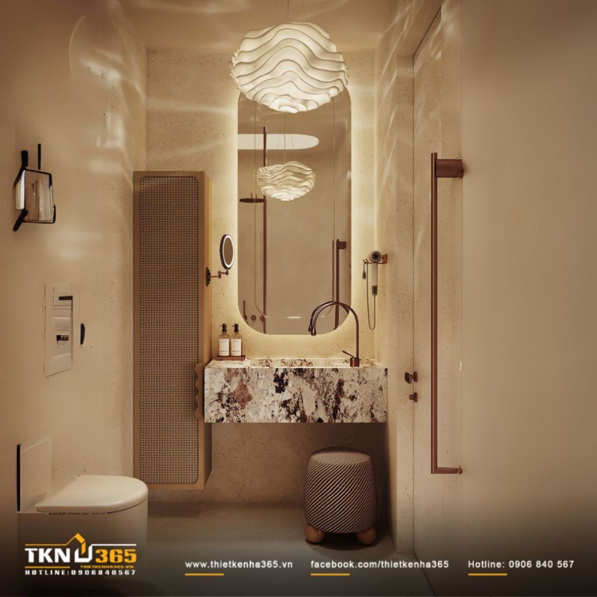 Lavabo bằng đá tự nhiên và đèn thả nghệ thuật gợi cảm giác như đang thư giãn tại spa