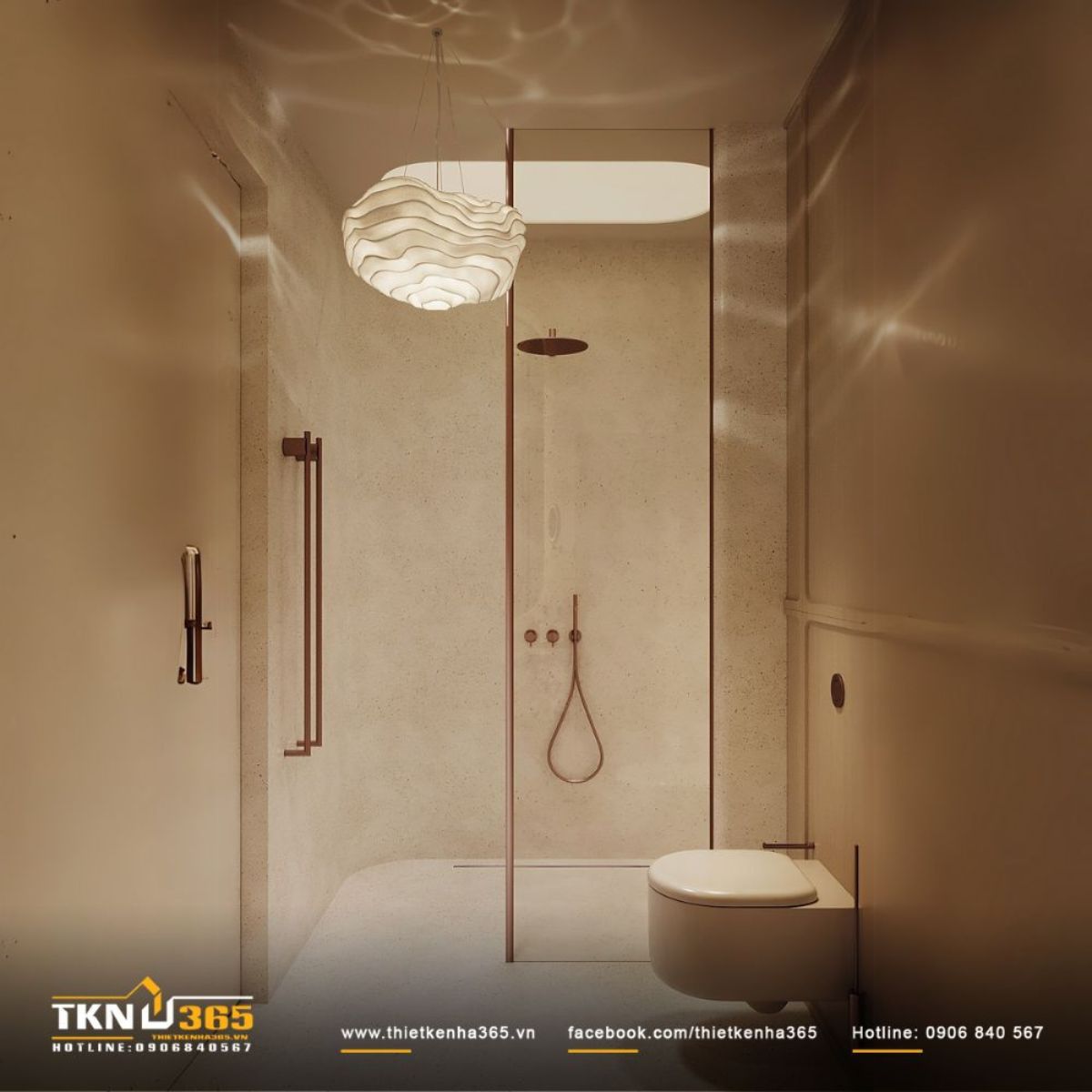 Khu vực tắm đứng tối giản, phân tách bằng kính trong suốt giúp không gian luôn thông thoáng