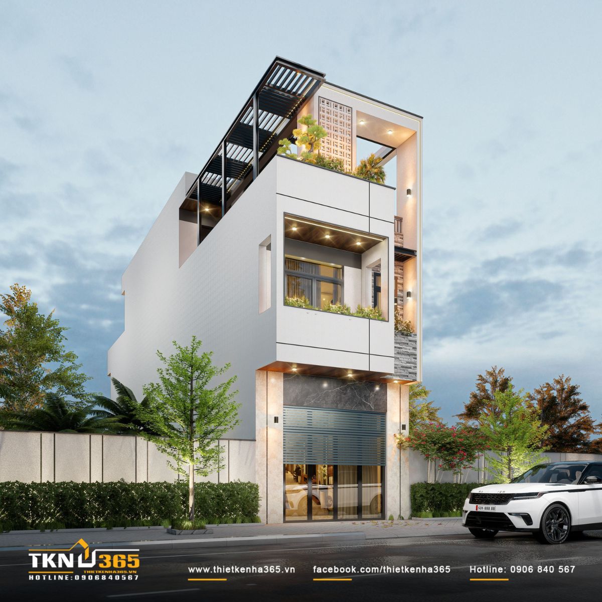 Mặt tiền nhà phố Q’s House sử dụng tông màu trung tính chủ đạo, toát lên vẻ đẹp trang nhã, dễ dàng kết nối với cảnh quan thiên nhiên xung quanh