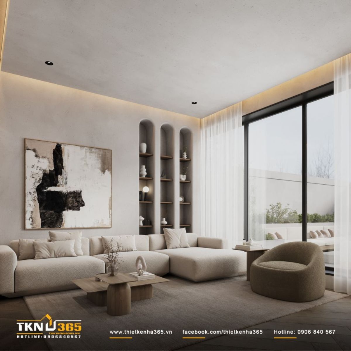 Không gian sinh hoạt chính mở rộng tối đa ra sân trước, đón nắng gió tự nhiên qua hệ cửa kính lớn, xóa nhòa khoảng cách trong - ngoài, con người - thiên nhiên