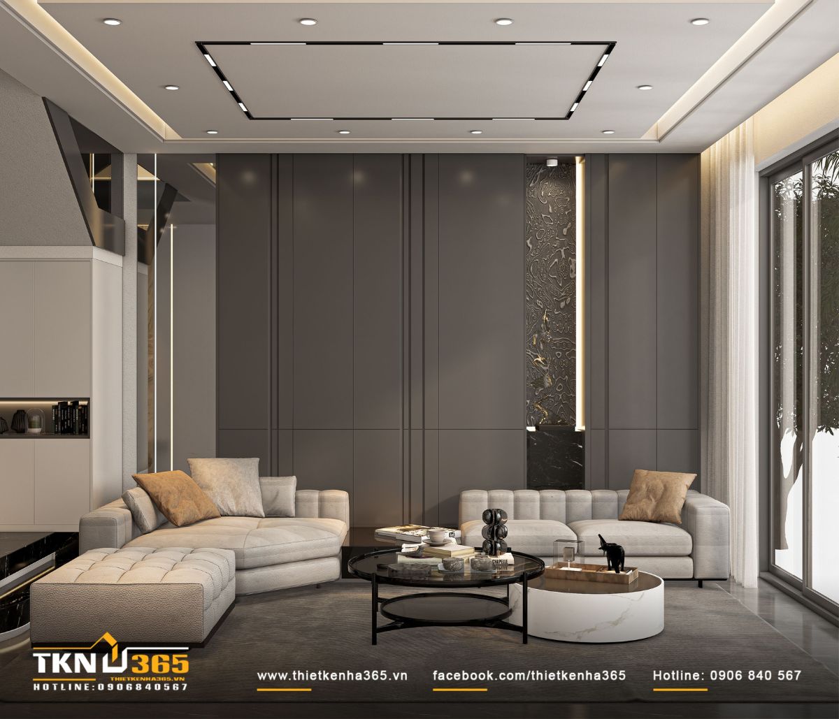 Phòng khách sang trọng và trang nhã với bảng màu xám - kem trung tính