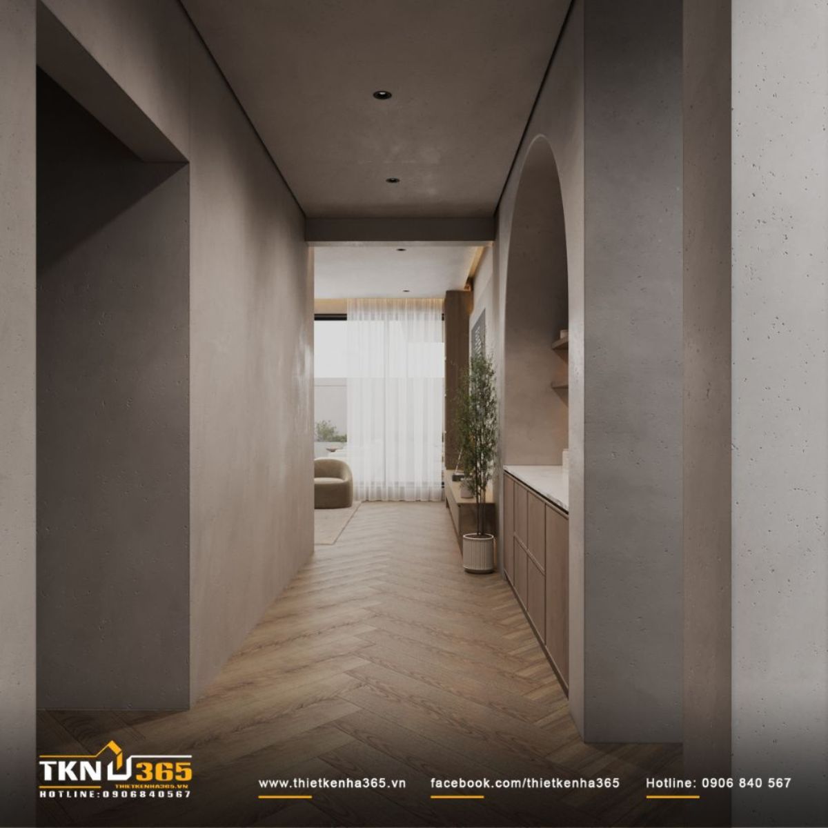 Lối đi kết nối các không gian sinh hoạt ở tầng trệt được dẫn dắt bởi ánh sáng dịu, cách bố trí này giúp nhà phố luôn thông thoáng và tràn đầy năng lượng