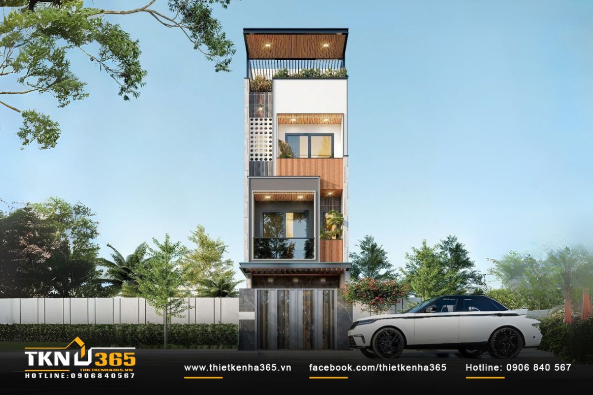 Nhà phố 4 tầng thiết kế gọn gàng với hình khối vuông vắn xếp chồng lên nhau