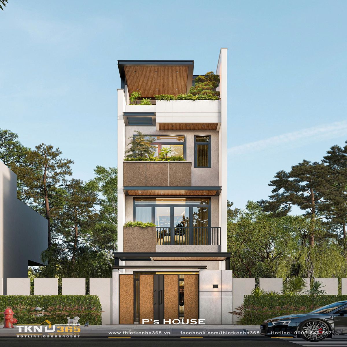 Mặt tiền P’s House thiết kế đơn giản, hình khối vững chãi, tạo điểm nhấn bởi mảng xanh và vật liệu ấm áp