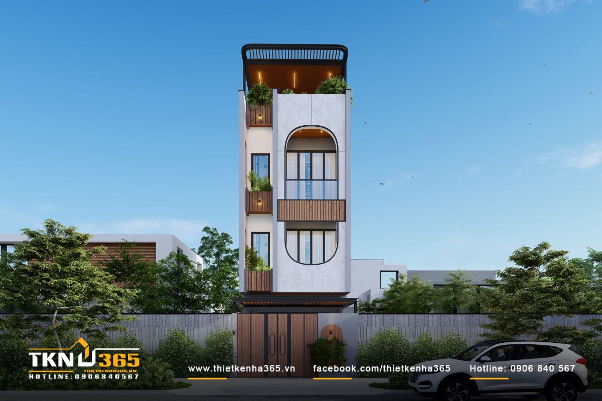 Điểm nhấn trong thiết kế mặt tiền V’s House là chi tiết bo cong lớn ở trung tâm