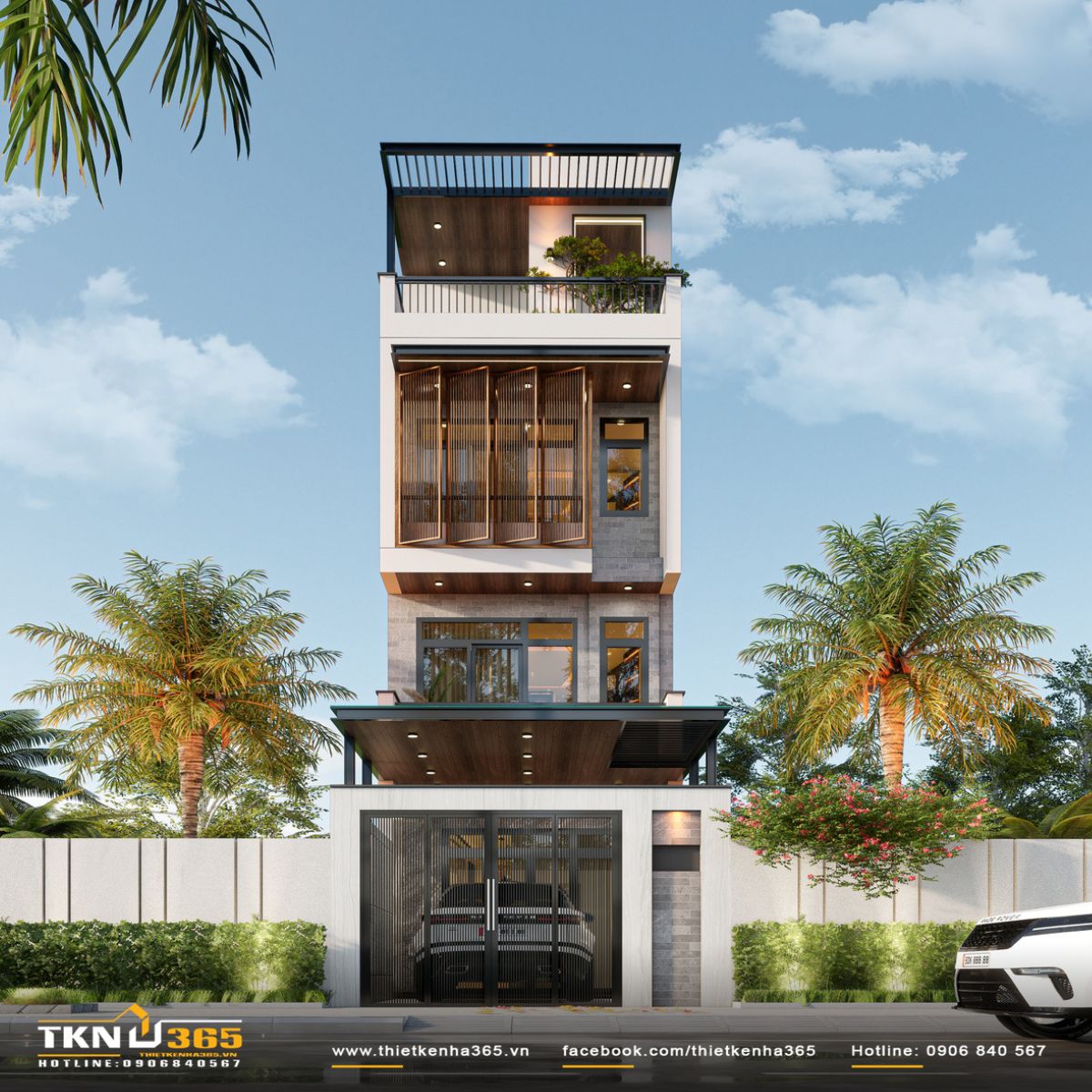 Tổng thể công trình nhà phố 4 tầng hiện đại, gọn gàng với hình khối hài hòa kết hợp cùng bảng màu trung tính