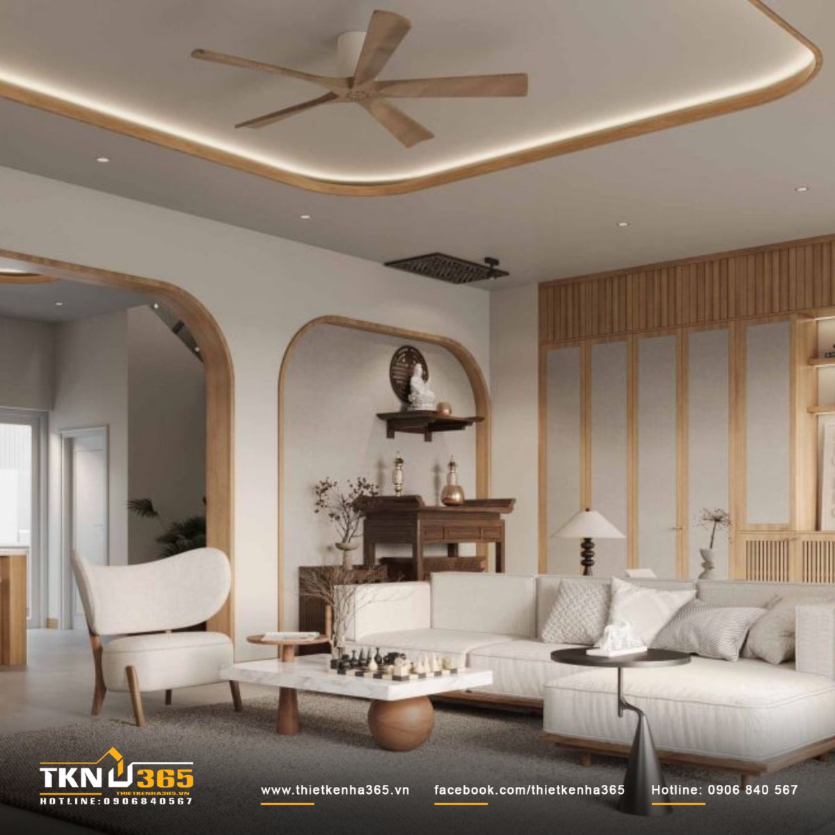 Phòng khách P’s House nổi bật nhờ trần bo cong và hệ chiếu sáng gián tiếp