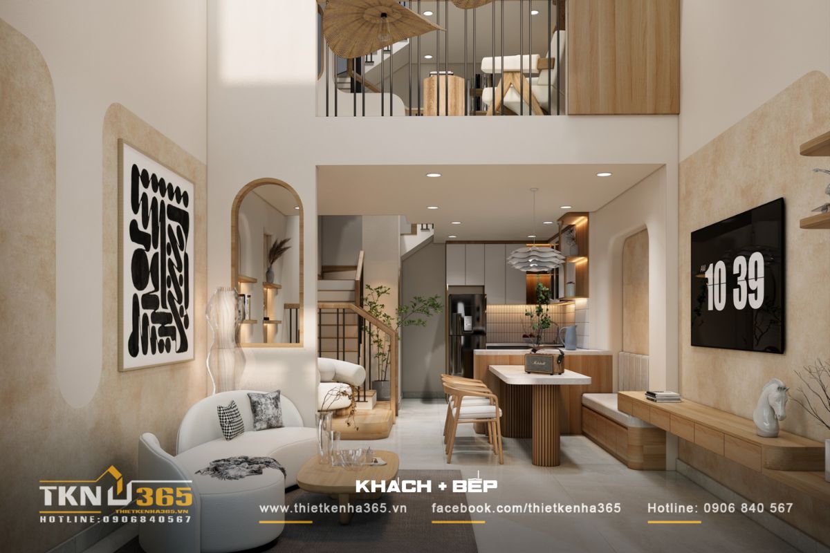 Nhà phố 4 tầng dành trọn tầng trệt để bố trí không gian sinh hoạt chung, tăng khả năng kết nối giữa các thành viên trong gia đình