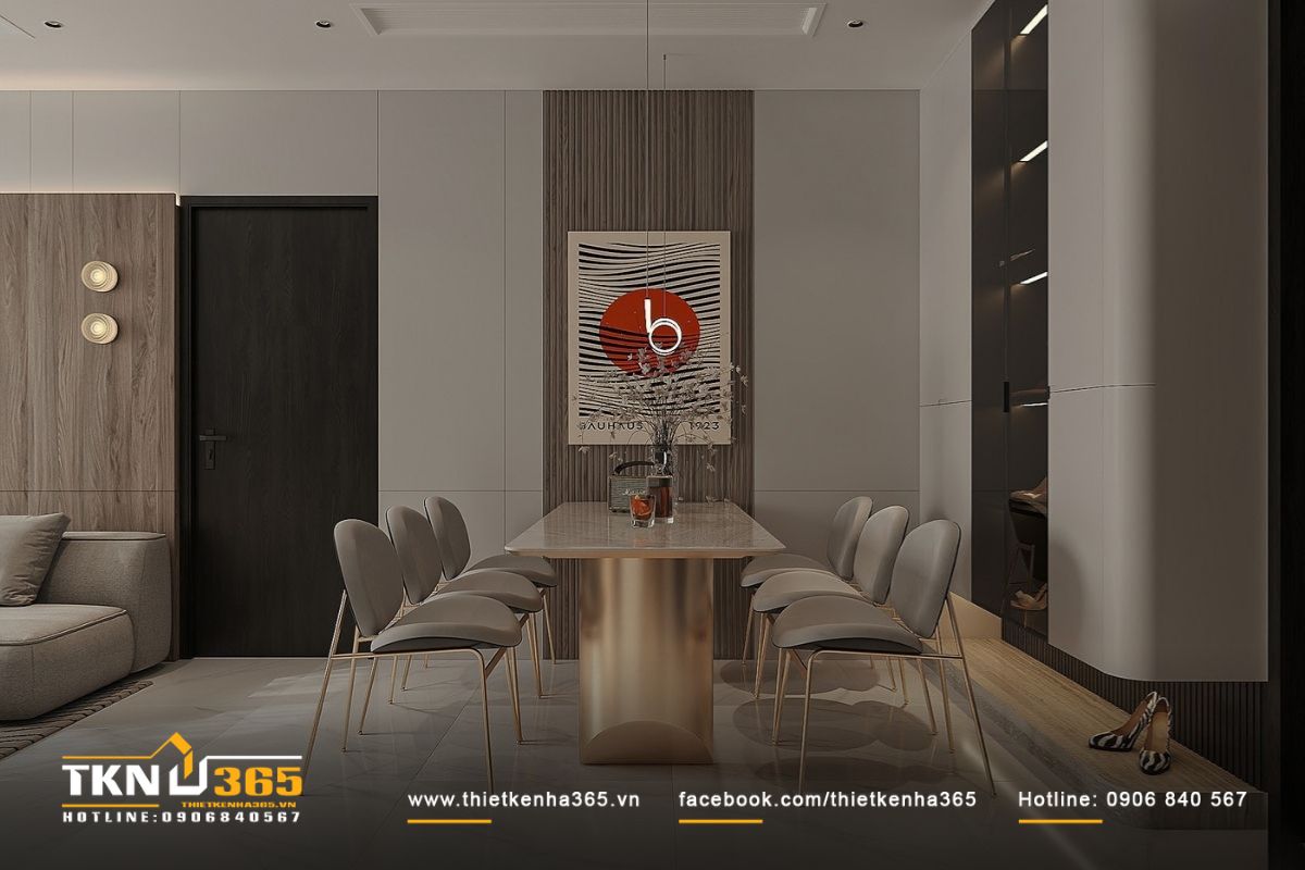 Đèn thả thanh mảnh kết hợp mảng tường trang trí và bức tranh nghệ thuật tạo chiều sâu thị giác