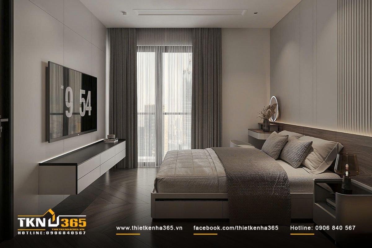 Giường bọc nỉ kết hợp tường đầu giường ốp gỗ veneer tạo điểm nhấn ấm áp và mềm mại, gợi cảm giác an toàn và yên bình