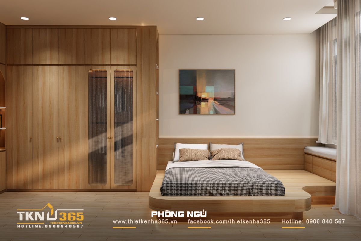 Phòng ngủ chính mang sắc thái ấm áp từ chất liệu gỗ và tông màu be nhẹ nhàng