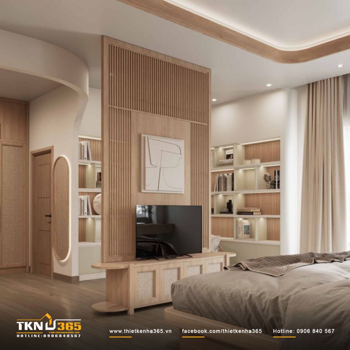 Vách ngăn giữa phòng ngủ và khu làm việc xử lý bằng lam gỗ và các cạnh bo tròn để phân tách nhẹ nhàng và giữ được sự liền mạch thị giác