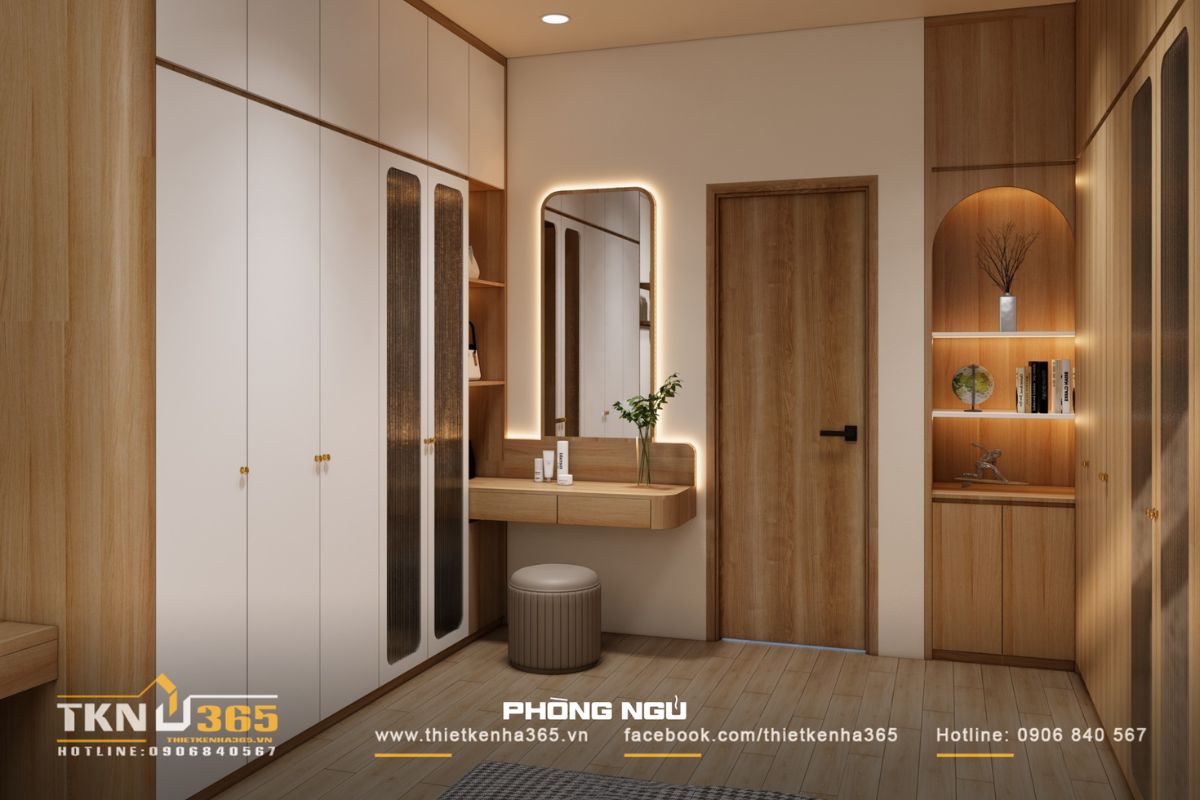 Chi tiết đèn LED âm tường và tay nắm tủ thanh mảnh tạo điểm nhấn tinh tế cho phòng ngủ