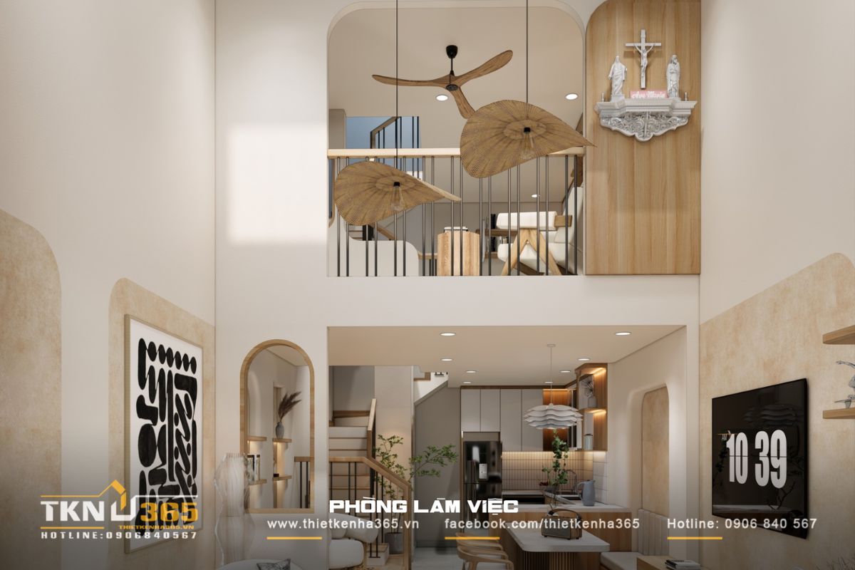 Phòng làm việc ở tầng lửng với tầm nhìn mở, kết nối hài hòa cùng không gian sinh hoạt bên dưới