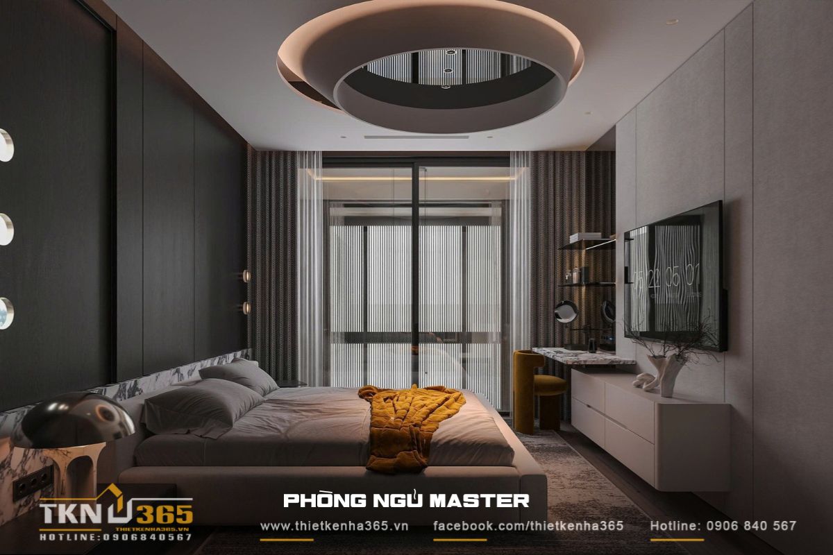 Phòng ngủ master ở lầu 2 có diện tích rộng thoáng, tích hợp thêm cả không gian thư giãn dành cho gia chủ