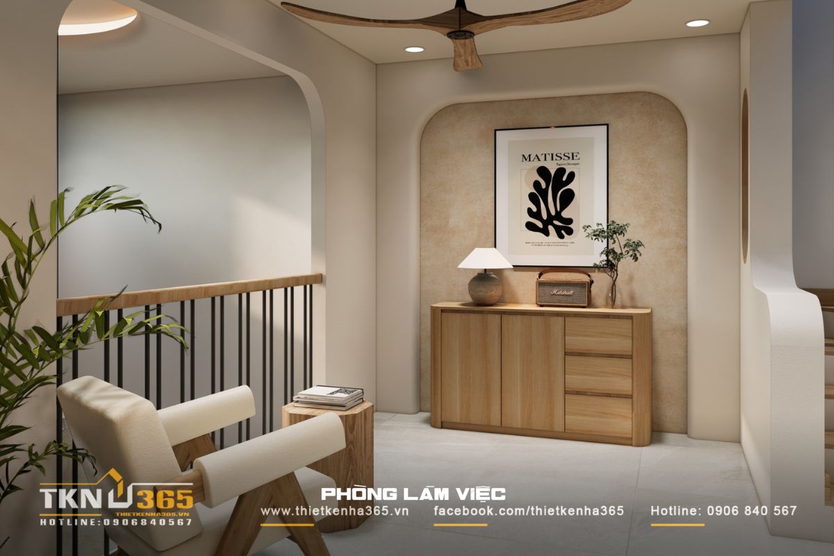 Góc nhỏ thư giãn với ghế bọc vải sáng màu, nơi gia chủ đọc sách hoặc nghe nhạc nhẹ