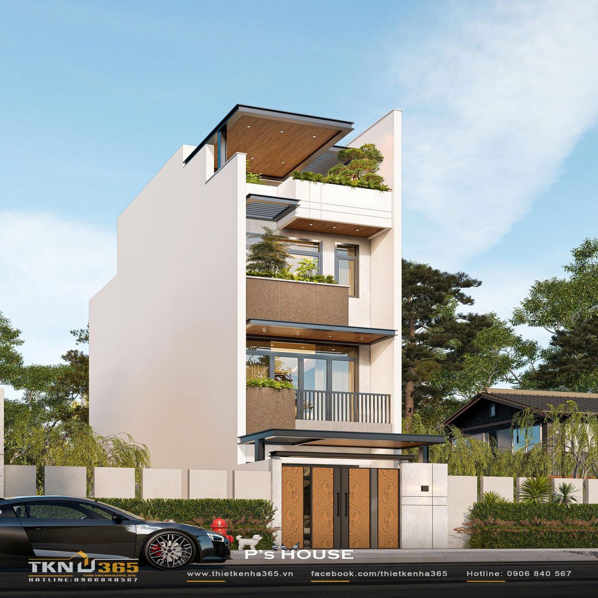 Ban công bố trí bồn cây xanh mướt cùng lam chắn nắng tinh tế