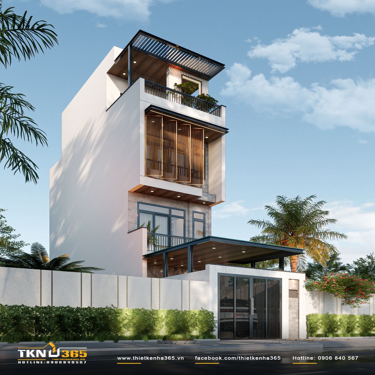 Mặt tiền nổi bật với hệ lam gỗ dọc ở lầu hai