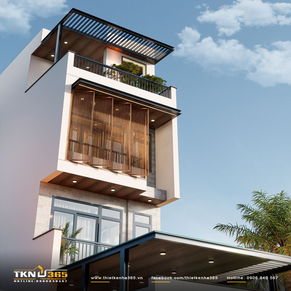 Góc nhìn cận cảnh tầng trên cùng với mái lam kim loại, đây là giải pháp giúp đón sáng và thông gió tự nhiên cho không gian sinh hoạt