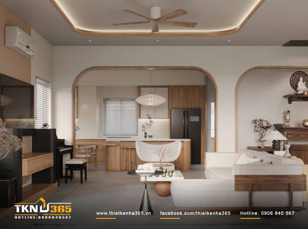 Phòng khách liền bếp mang tinh thần tối giản, các vòm cong gỗ tạo sự chuyển tiếp nhẹ nhàng