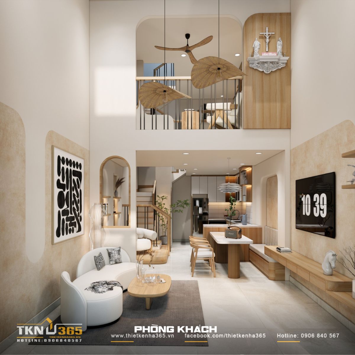 Phòng khách nhà phố 4 tầng sở hữu thiết kế thông tầng rộng thoáng