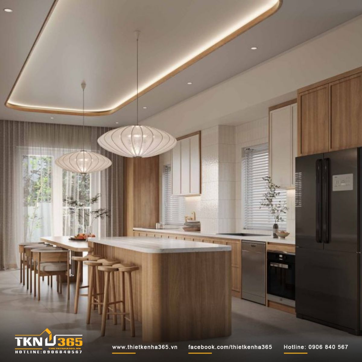 Không gian bếp và đảo bếp hiện đại sử dụng gỗ tự nhiên làm chủ đạo