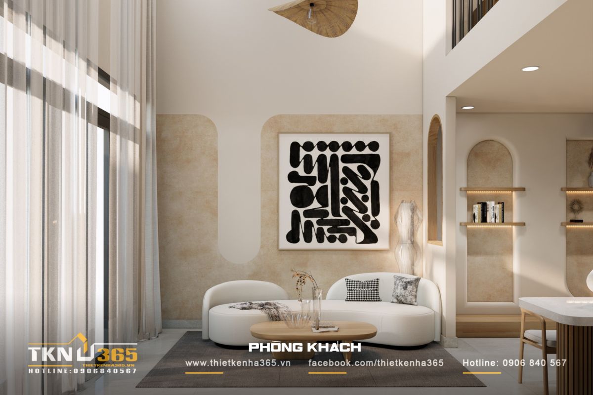 Góc tiếp khách ngập sáng với màu sắc be và trắng thanh nhã