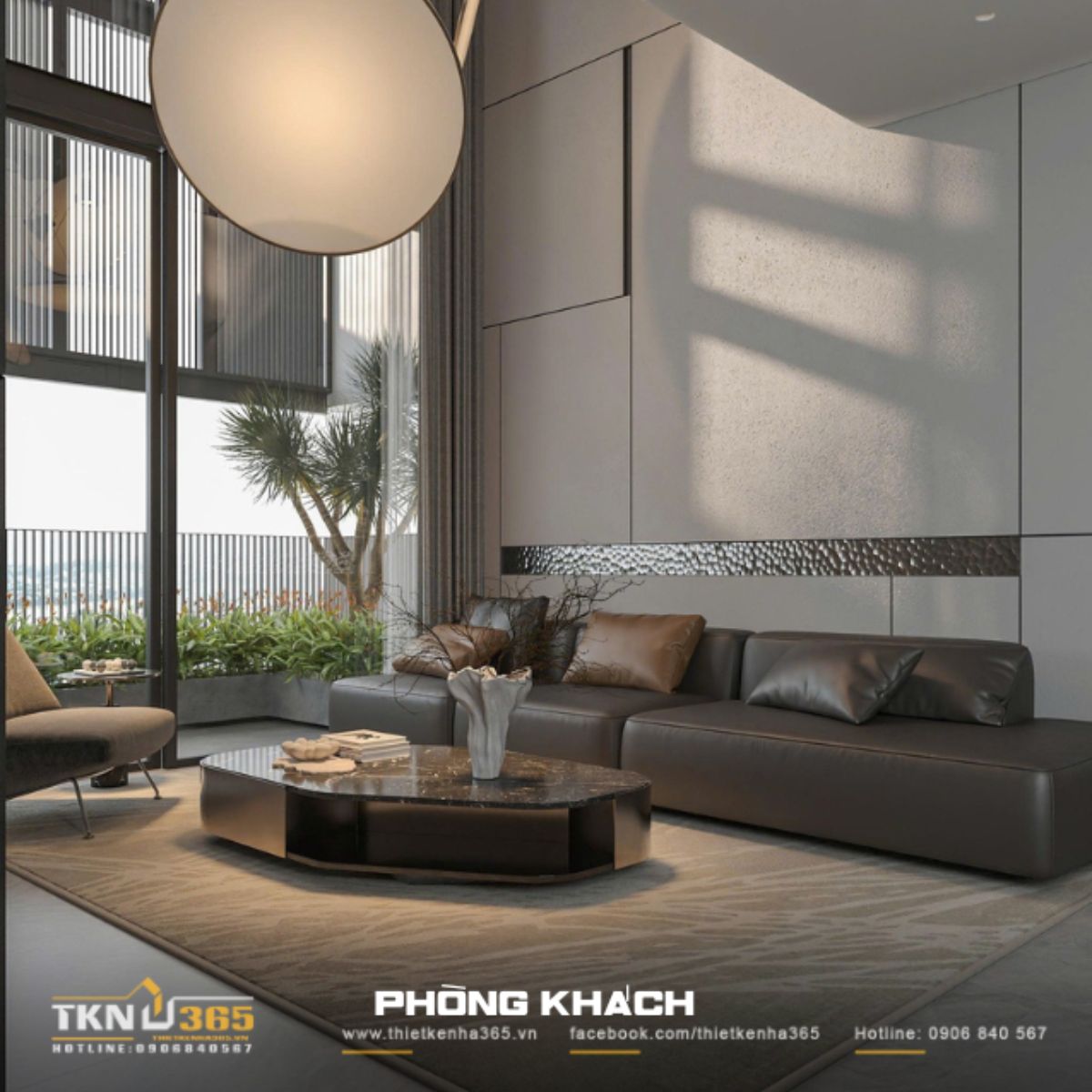 Ánh sáng tự nhiên xuyên qua vách kính lớn, tỏa đều trên bề mặt vật liệu, giúp phòng khách luôn thoáng sáng