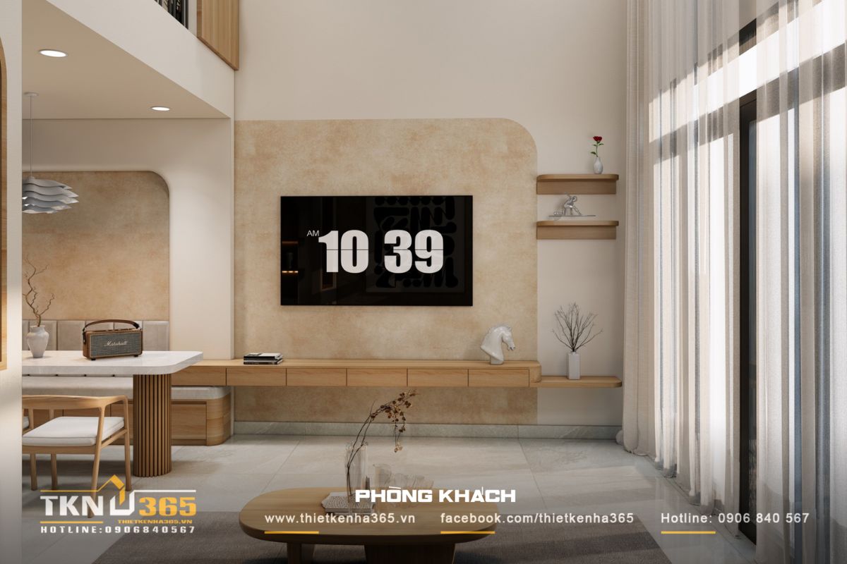 Mảng tường tivi sơn hiệu ứng vân đất, kết hợp nội thất gỗ sáng màu tạo cảm giác ấm áp và an yên