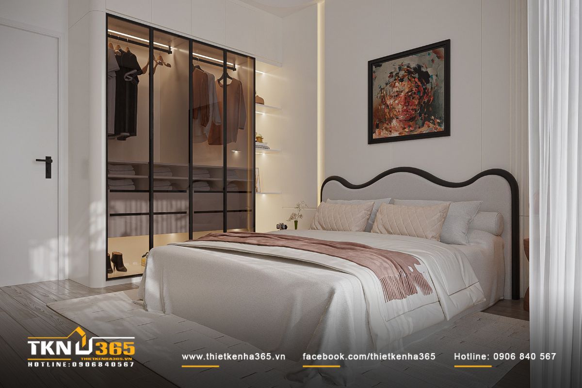 Bức tường đầu giường ốp gỗ veneer sáng màu