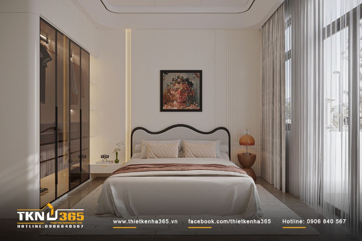 Khu vực đầu giường bố trí cân xứng, ánh sáng hắt trần lan tỏa nhẹ nhàng