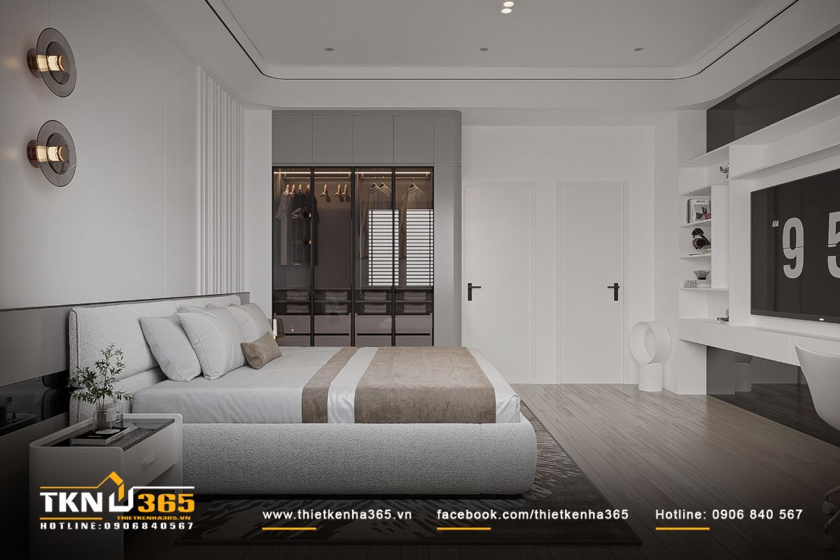 Hệ tủ quần áo cánh kính khung đen trong suốt tạo cảm giác phòng ngủ rộng rãi hơn so với diện tích thực