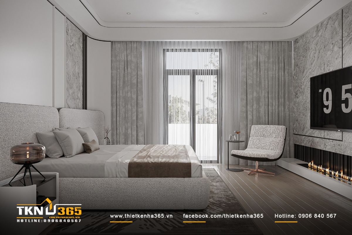 Giường bọc nỉ sáng màu đúng gu của gia chủ