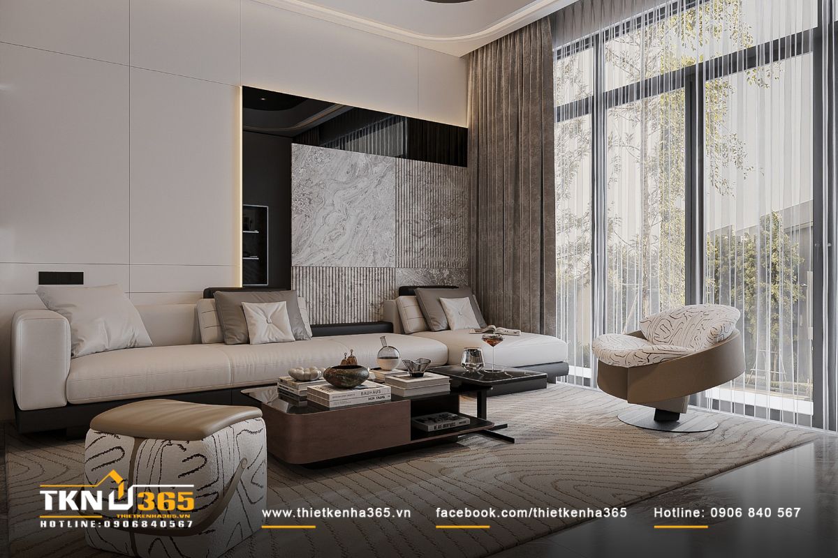 Thiết kế phòng khách QH’s House sang trọng với gam màu be, ghi và ánh sáng tự nhiên tràn ngập