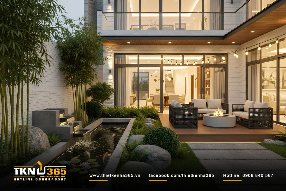 Khoảng sân trong kết hợp hồ cá và hàng tre xanh, đây là không gian thư giãn ngoài trời chan hòa thiên nhiên