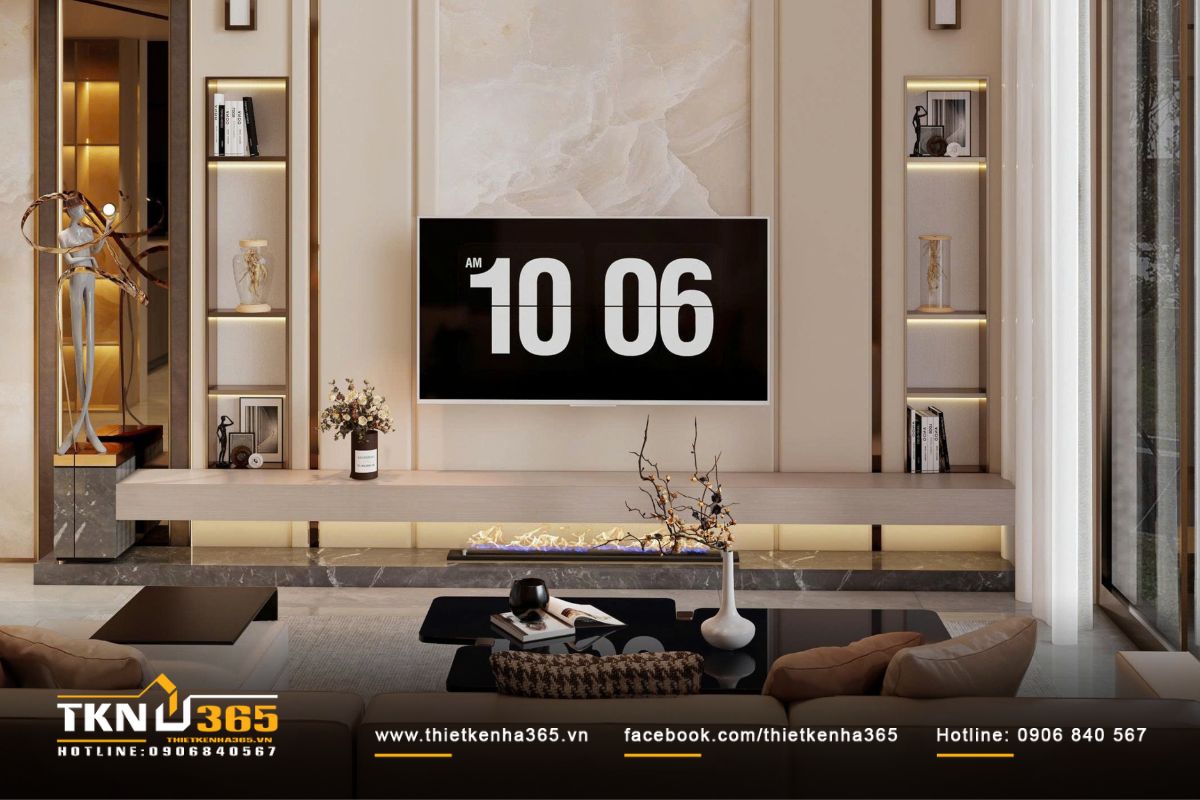 Khu vực tivi thiết kế tối giản, kệ âm tường và đèn LED “ẩn tường” chính là điểm nhấn cho không gian