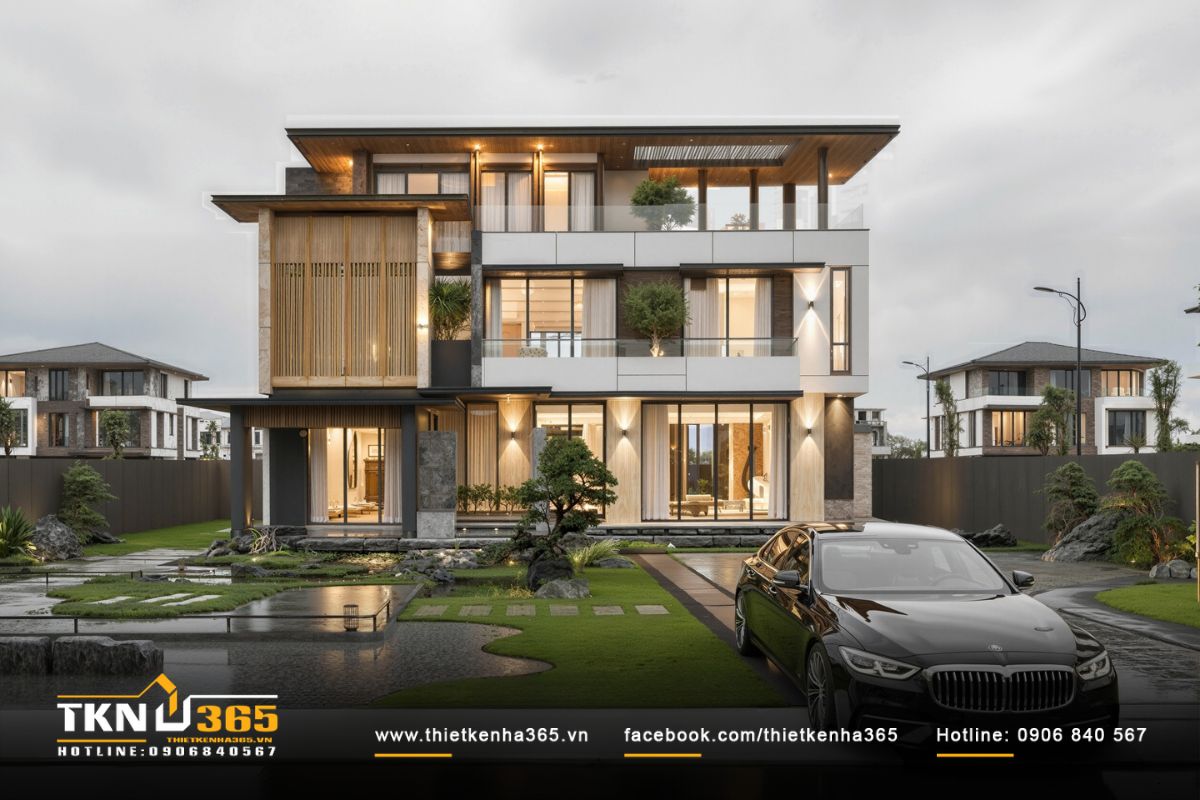 Mặt tiền biệt thự 3 tầng nổi bật với hệ mái đua mảnh và lam gỗ che nắng, mang lại vẻ thanh thoát và cân bằng khí hậu