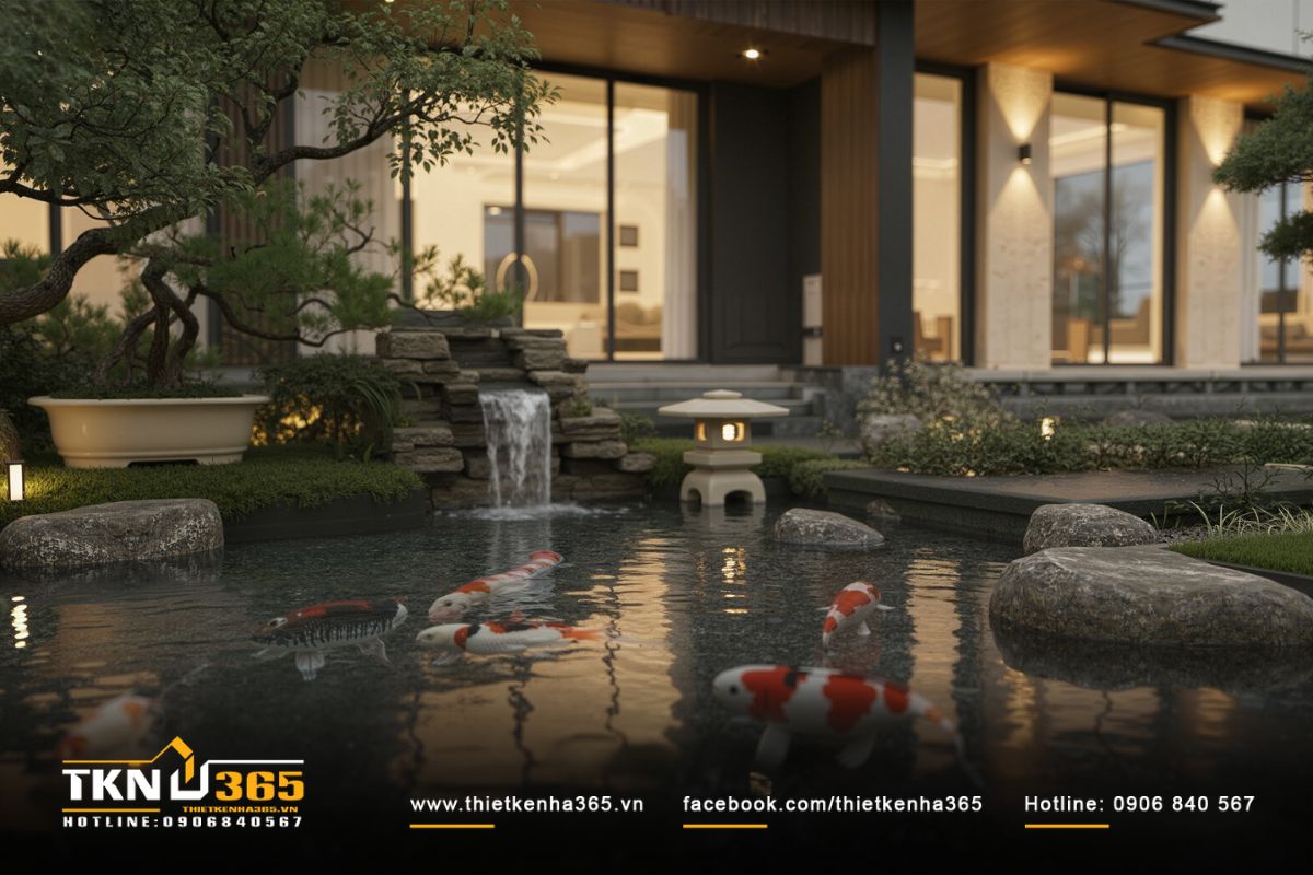 Hồ cá koi với thác đá nhỏ và đèn đá kiểu Nhật là điểm nhấn cảnh quan, mang lại sinh khí và cảm giác thư giãn cho toàn bộ biệt thự